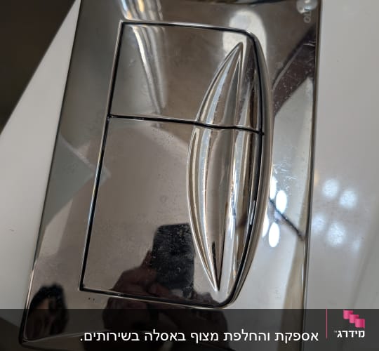 לחצן הדחה כסוף בשירותים עם השתקפות
